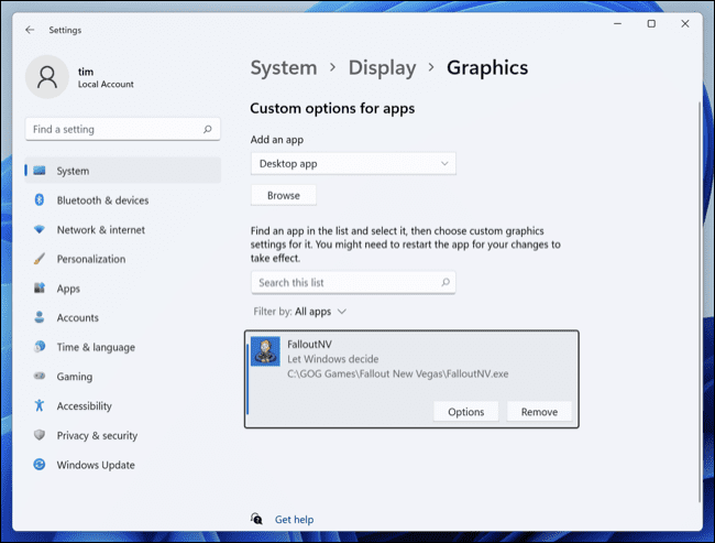 Nominate an app for High Performance graphics mode in Windows 11