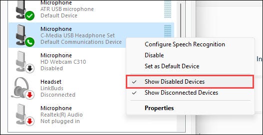 Select "Show Disabled Devices."