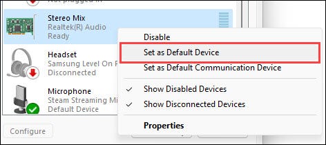 Set "Stereo Mix" as "Default Device."
