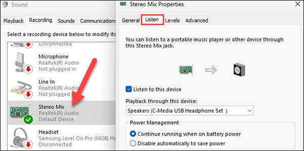 Go to the "Listen" tab in Stereo Mix Properties.