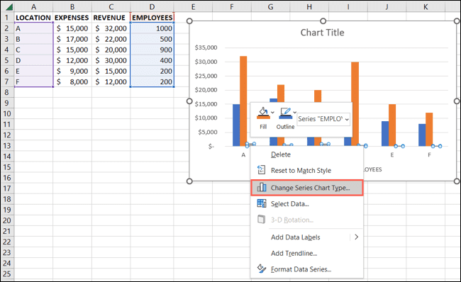 Change Series Chart Type in the shortcut menu