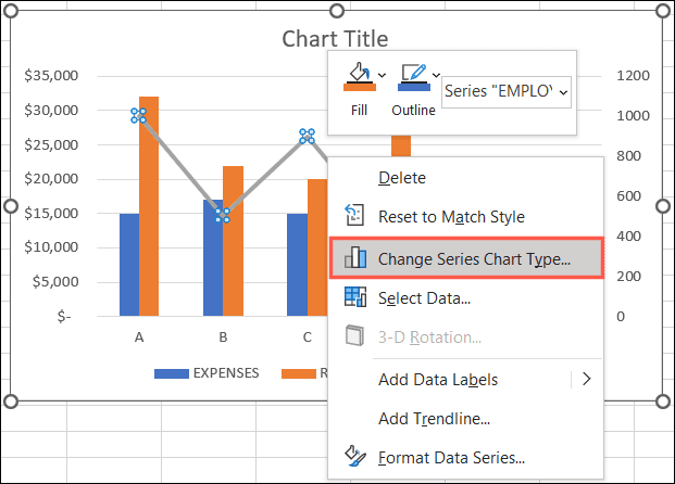 Change Series Chart Type in the shortcut menu