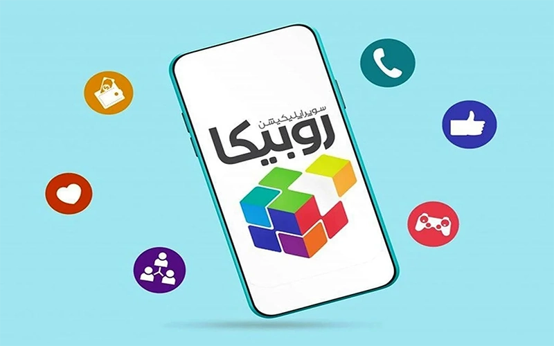 A phone on a blue screen with rubika iranian app on its screen