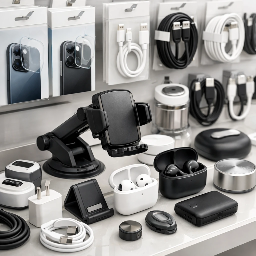 ویترین فروشگاهی اکسسوریها مثل گلس، هولدر و کابل